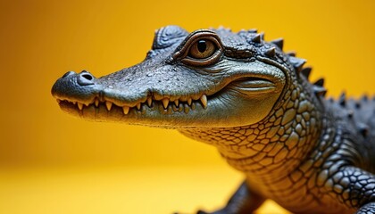 Fototapeta premium Small alligator reptile looks forward. Tiny jaws show sharp teeth. Scaly skin texture detailed. Bright yellow background behind cute animal.