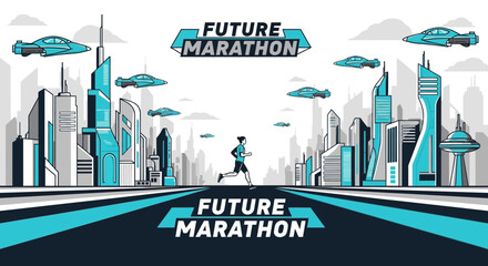 Obraz premium Futuristic Marathon Runner on a City Track Under a Modern Sky with Flying Cars