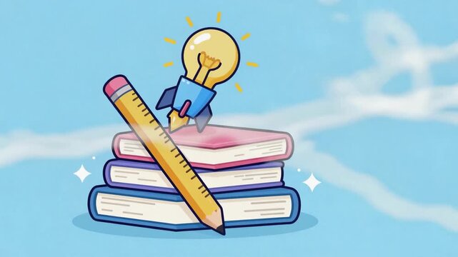 Lightbulb Rocket Launching From Book Stack with Pencil Graphic Illustration Educational Concept Animation