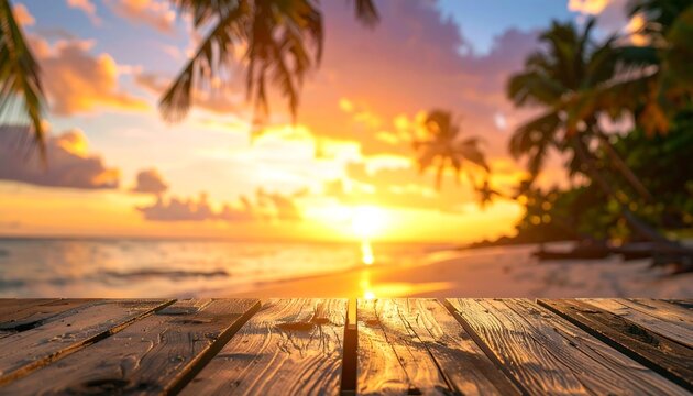 A vibrant sunset over a tropical beach. Focused on a wooden surface with a backdrop of a blurred ocean and palm trees