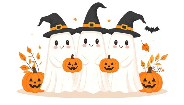 Illustration of three friendly cartoon ghosts wearing witch hats, holding pumpkins, with bat and autumn leaves