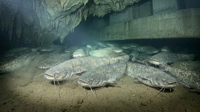 Wels catfish (silurus glanis) tightly clustered on a muddy cave bottom beneath stalactites and a concrete structure, resting in their dark, nocturnal freshwater habitat