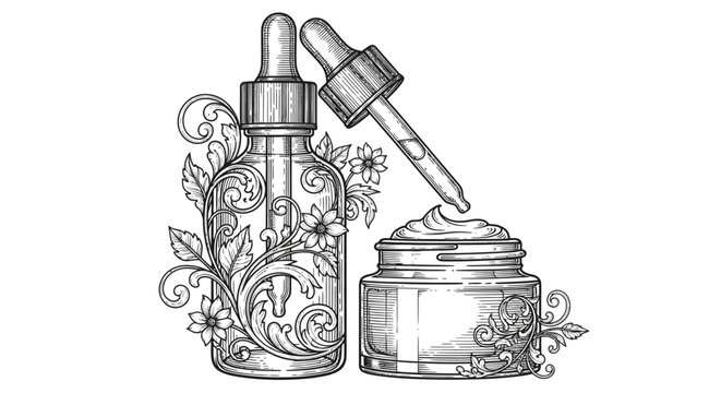 Cosmetic skincare serum and cream with dropper bottle illustration design