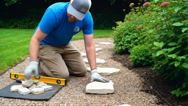 Landscaper installing stone pavers for a garden walkway. Man leveling stepping stones on a gravel path with a spirit level. Hardscaping and DIY improvement concept for home renovation.