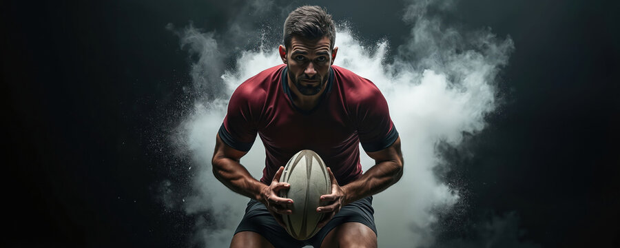 Muscular man rugby player holding ball. Athlete ready for game action with smoke and dust particles in dark stadium. Intense sport competition.