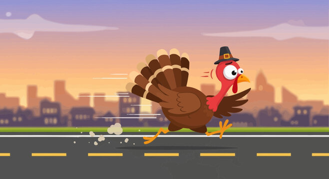 Fleeing Turkey Cartoon Amidst Cityscape, Symbolizing Thanksgiving Day Run
