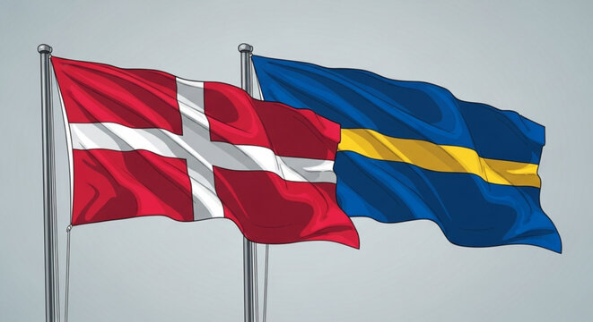 Denmark and greenland flags waving on silver flagpoles against gray background symbolizing international relations and cooperation between countries national pride and unity