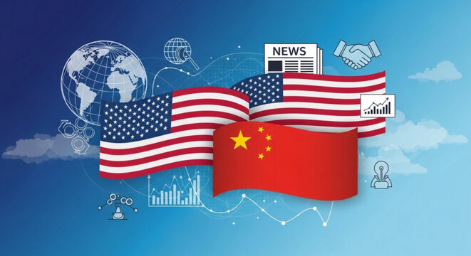 American and chinese flags waving with global business icons on blue background with clouds
