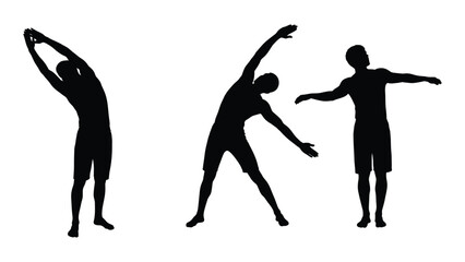 Fototapeta premium Three silhouettes demonstrate stretching exercises showcasing flexibility and physical wellness high quality