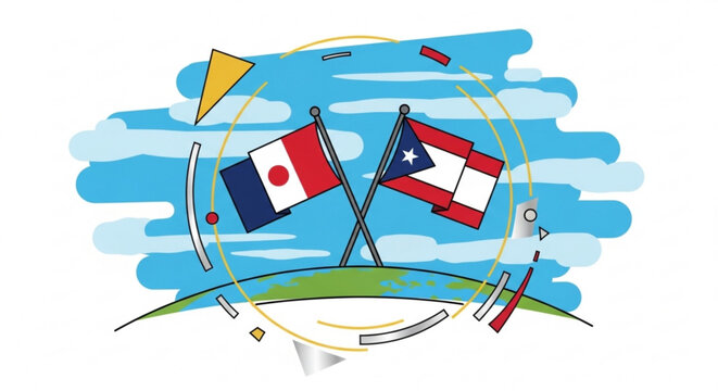 Flags of france japan and puerto rico in a colorful abstract globe setting with blue background