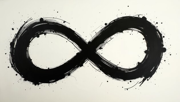 Black ink brush stroke forms infinity symbol on white background. Abstract graphic art represents concept of endlessness or eternity. Simple design with paint splatters.