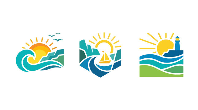 Set of Colorful Coastal and Ocean Landscape Logos