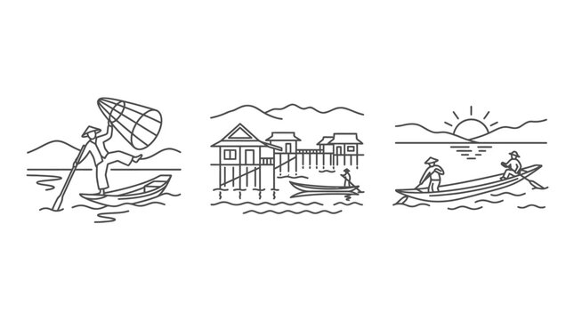 Minimalist Line Art of Traditional Asian Scenes
