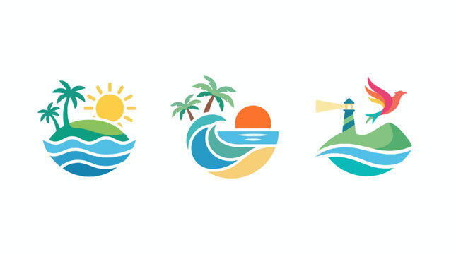 Set of Colorful Island Logos with Beach Scenery