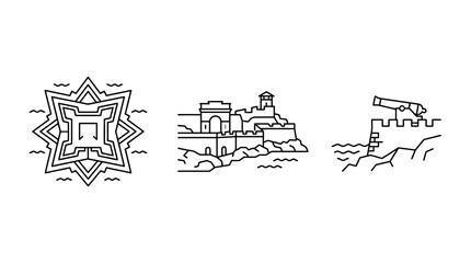 Naklejka premium Set of Line Art Fortress and Coastal Castle Icons