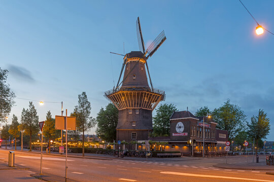 Windmill Gooyer Brewery IJ in Amsterdam Netherlands at Dusk