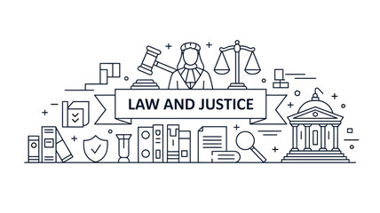 Naklejka premium Law and justice concept illustration with legal symbols courthouse scales and documents