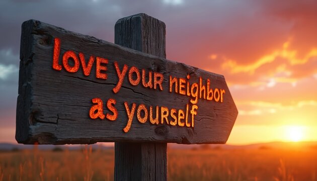 Rustic weathered wooden signpost with bright orange letters reads Love Your Neighbor As Yourself at sunset. Rural field, warm glowing sky, inspirational message.