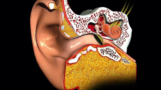 3D animation showing anatomy and functions of human ear in hearing and balance mechanisms.