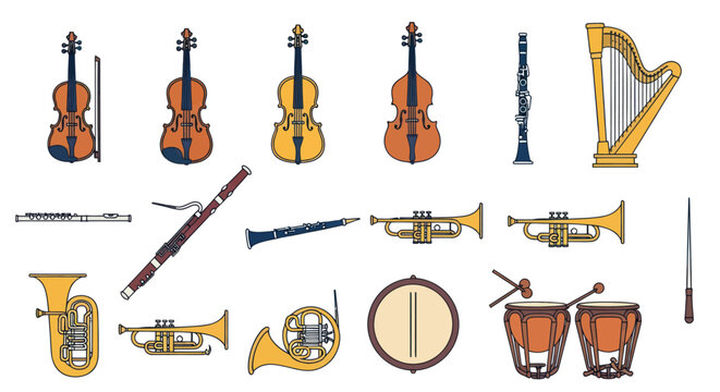 Collection of classical orchestra musical instruments vector illustration set