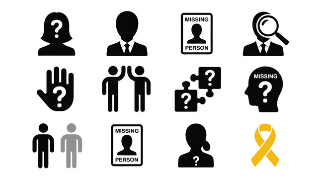 Missing person icons set with silhouettes question marks and awareness symbols 