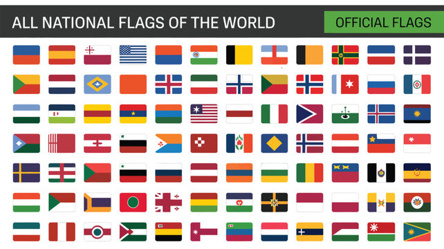 Collection of all national flags of the world arranged in grid layout design 