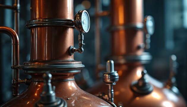 Copper alembic still for distilling spirits alcohol. Close up view of brewing equipment pipes tubes gauges showing pressure heat in dark industrial workshop.