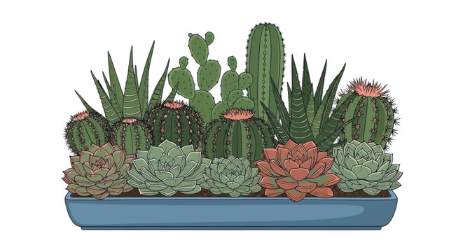 A colorful arrangement of various succulents and cacti in a blue planter.