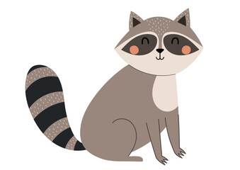 Fototapeta premium Cute raccoon character isolated on white background. Adorable forest animal in cartoon style for kids design. Vector illustration