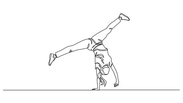animated continuous line drawing of athletic young woman turning cartwheel oder doing handstand, line art animation