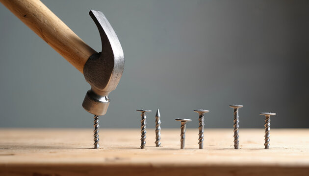 Hammer strikes metal screw partly driven into wooden surface. Several screws stand nearby. Close up on carpentry tools and wood grain.