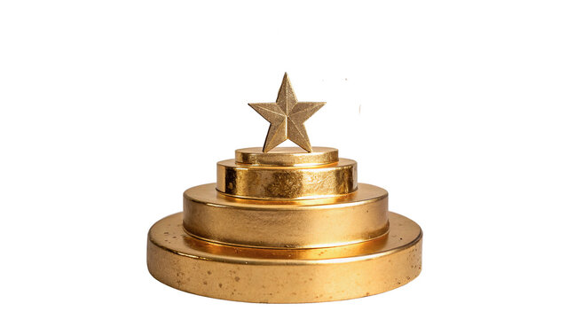 Golden trophy with star on top placed on round base in studio on white background isolated on transparent background	