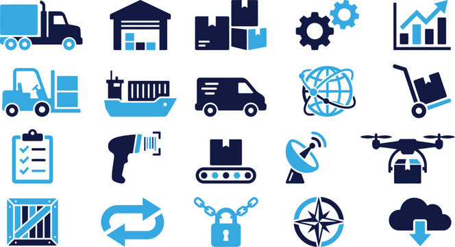 Logistics and delivery icons set transport shipping warehousing and tracking symbols.