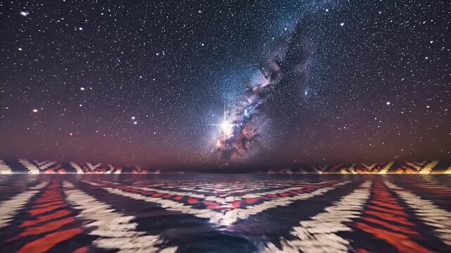 Matariki Star Cluster Over Calm Pacific Ocean with Celestial Reflection and Traditional Māori Tāniko Geometric Patterns, Aotearoa New Year