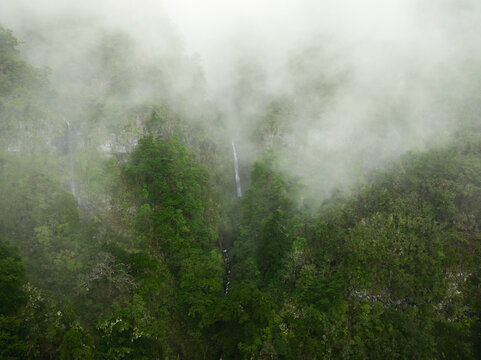 Aerial view of the PR17 Pinaculo e Folhadal hiking trail area with waterfalls cascading down lush green cliffs shrouded in thick white fog in Serra de Agua, Madeira, Portugal.