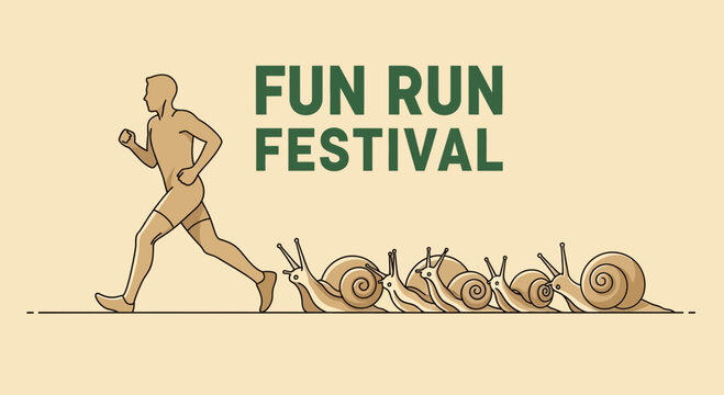 Humorous Illustration Depicting a Person Running in a Fun Run Festival With Snails