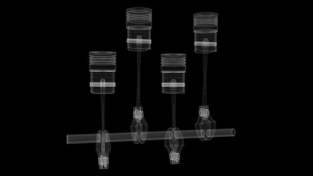 Wireframe Car Engine with Four Cylinders and Rotating Crankshaft on Black Background - 3d 4k animation (3840 x 2160 px)