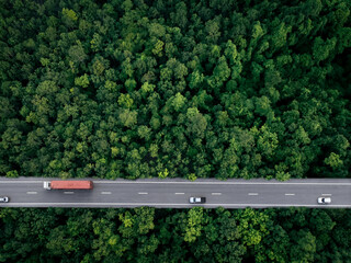 Aerial top view of car and truck driving on highway road in green forest. Sustainable transport. Drone view of hydrogen energy truck and electric vehicle driving on asphalt road through green forest. © Fahroni