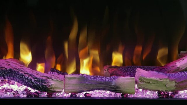 Realistic Long Log Wood Burning With Purple Led Lights Built in Electric Fireplace in Home