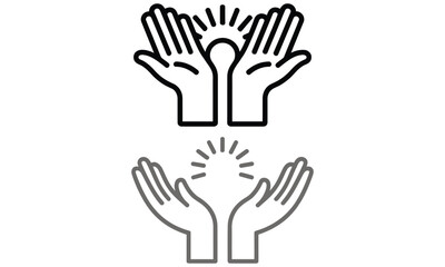 Fototapeta premium Helping hands line art icon with sun symbol representing care support and hope concept