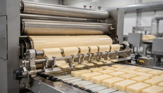 Medium shot capturing multilane soap plodder extruding several parallel soap streams simultaneously with synchronized cutter slicing multiple bars to form consistent soap batches.