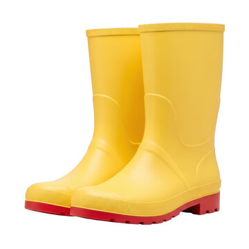 Bright yellow rain boots with red sole