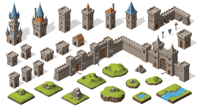 Isometric Medieval Castle Building Elements Vector Set
