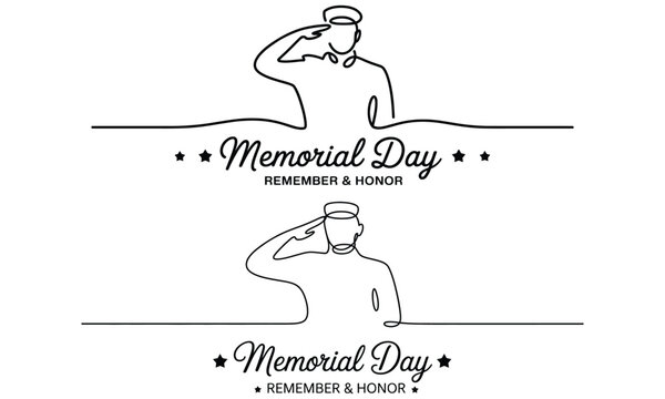 Memorial day line art badge with salute soldier and patriotic remembrance theme