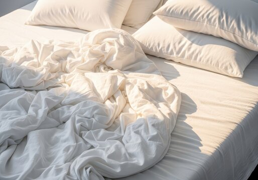 The aftermath of deep sleep captured in a close-up shot of crumpled white linen, blankets, and pillows in disarray on a large mattress, mattress, tired, unmade