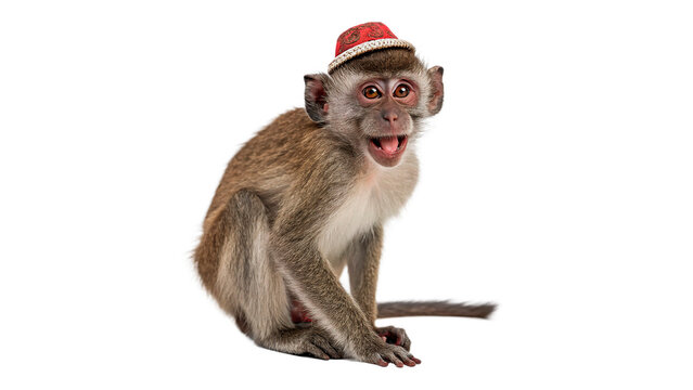 Monkey wearing a red hat sitting and smiling indoors during a bright setting isolated on transparent background	