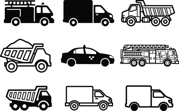 black and white illustrations of various types of trucks and cars in profile