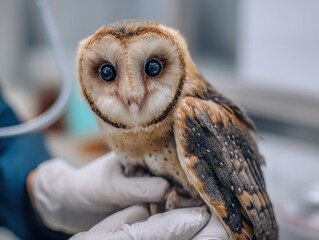 Obraz premium Close up of barn owl being held indoors