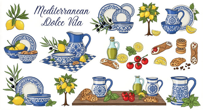 Mediterranean Dolce Vita vector collection, Italian ceramic pottery with blue patterns, lemon trees and olive branches, traditional food illustrations isolated PNG with Transparent Background