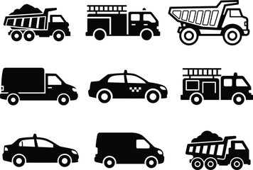 collection of black silhouettes of various vehicles on white background © saidur
